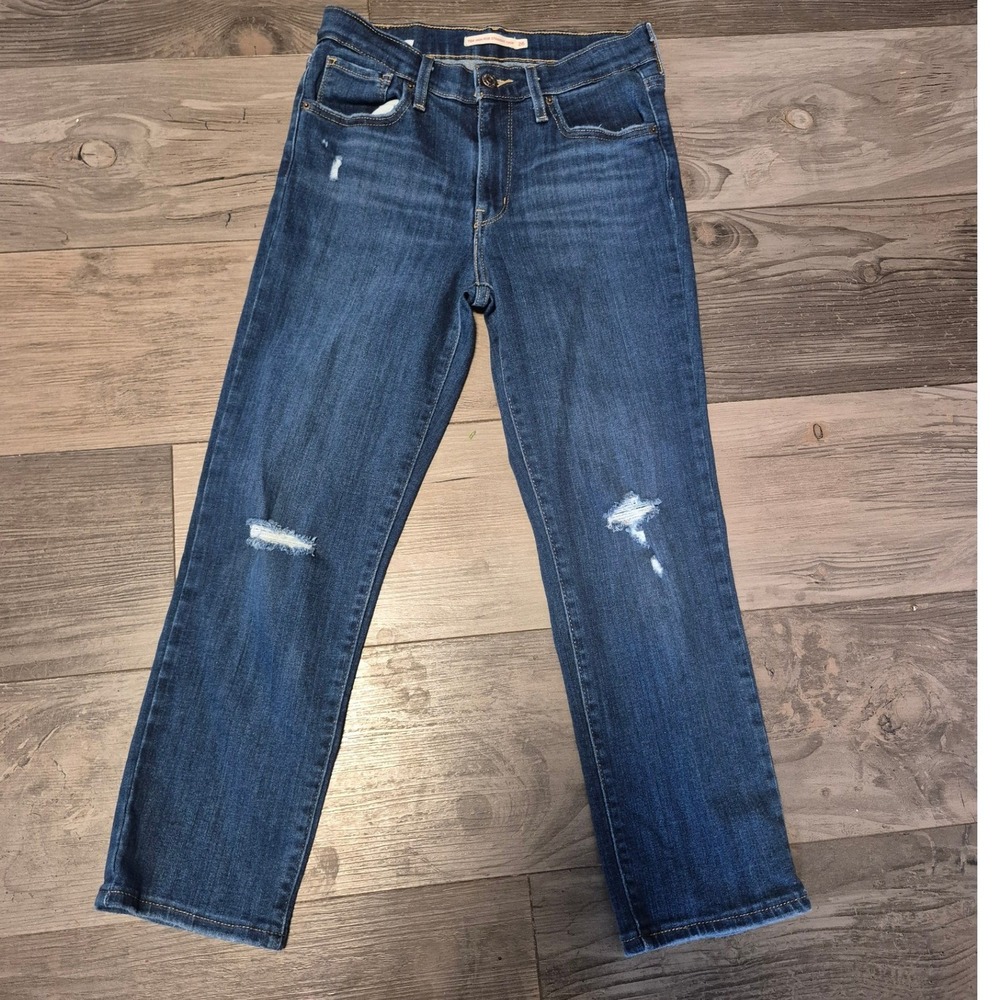 Levis 724 High Rise Straight Crop Jeans Blue Distressed Denim Womens Size 26 - Picture 1 of 5